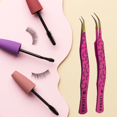 Professional 2-Piece Eyelash Extension Tweezers Set ? Premium Stainless Steel Precision Tweezers with Anti-Slip Grip with Fiber Tips (Pink)
