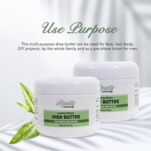 Roselle Naturals African Shea Butter - All Natural Nilotica Shea Butter Raw Organic, Unrefined Pure and Creamy White Shea Nilotica for Skin, Face, Hair and Body, 8 oz