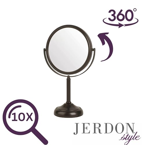 JERDON Two-Sided Tabletop Makeup Vanity Mirror - 10X-1X Magnification & Swivel Design - 6-Inch Diameter Portable Mirror - Bronze Finish - Model JP910BZP