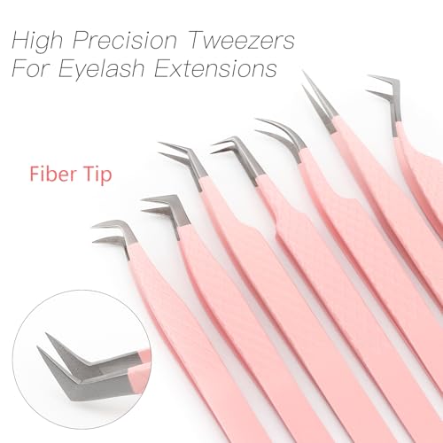 Lash Tweezers For Eyelash Extensions Fiber Tip Lash Tweezers Pink Straight/Curved Tweezer(Pink,X03)