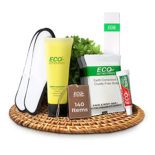 ECO amenities Bulk Hotel Toiletries Set - Travel Toothbrush Set - Cruelty-Free Shampoo & Conditioner - Bar Soap Bulk & Closed-Toe Slippers - 140 Pieces, 30ml Shampoo, 14g Soap, Green Tea