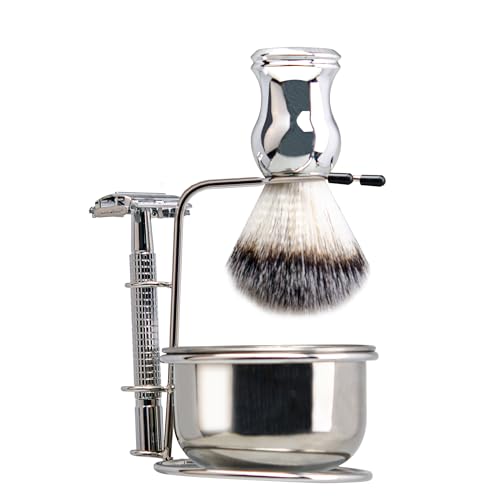 Grandslam Shaving Brush and Bowl Kit for Men, 4 in 1 Shaving Brush Set, Include Butterfly Open Safety Razor, Stainless Steel Shaving Soap Bowl and Stand, Shaving Brush, 10 Double Edge Blades