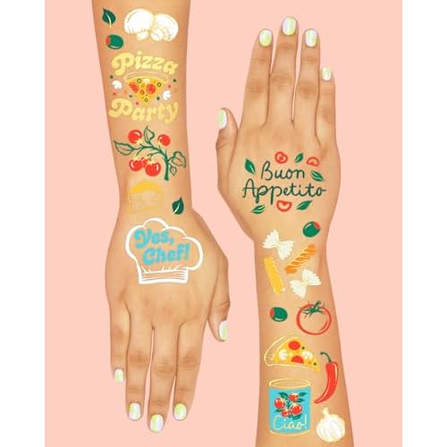 xo, Fetti Pizza Party Temporary Tattoos - 72 Gold Foil Pcs | Birthday Decorations, Cooking Class Accessory, Party Favor, Italian Activity