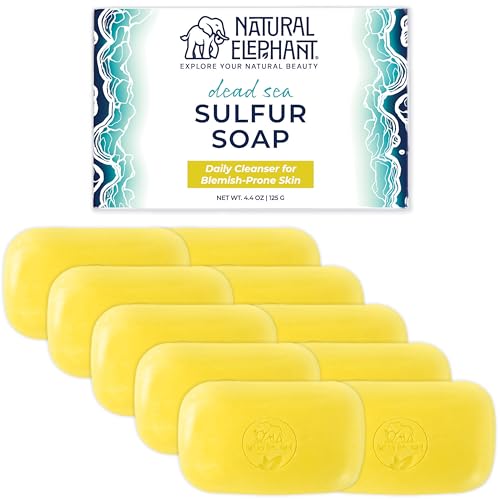 Natural Elephant Dead Sea Sulfur Soap 4.4 oz with Dead Sea Salt, Aloe Vera, Sulphur Face and Body Cleanser Bar for All Skin Types (10 Pack (44 oz Total))