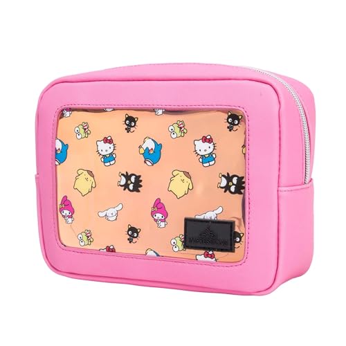 Impressions Vanity Hello Kitty and Friends Core Cosmetic Pouch for Women, Core Print Artwork Travel Makeup Bag Organizer with Inner Pocket, Metal Zipper Opening Faux Leather Handheld Purse (Pink)