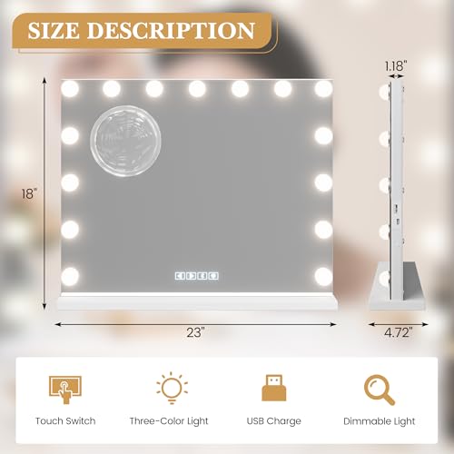 Vanity Mirror with Lights and Bluetooth, Makeup Mirror with 15 Dimmable LED Bulbs/USB Charging/Smart Touch/3 Colors Dimmable/10X Magnification/360¡Æ Rotation, Desktop&Wall Mount, Bedroom&Dressing Room