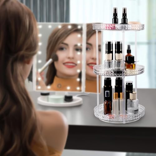 360 Clear Rotating Makeup Organize for Vanity,3 Tiers Lazy Susan with Diamond Pattern, Large-Capacity Skincare Organizers Cosmetic Display Case Organizer for Dresser (Clear White, 3Tiers)