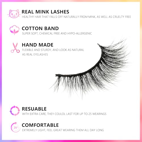16mm Mink Lashes, 3D Real Mink Eyelashes, 3 Pairs Cat Eye Lashes, Natural Look False Eyelashes, 100% Handmade & Cruelty-Free Fluffy Wispy Luxury Volume Strip Eye Lashes (Fantasy)