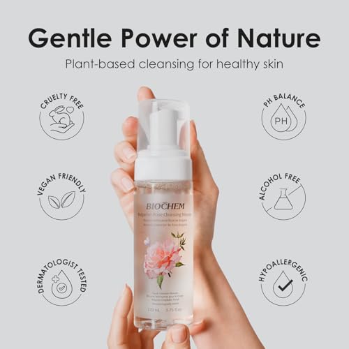 BIOCHEM Bulgarian Rose Foaming Face Wash, 3-in-1 Cleanser Mousse with Rose Oil, Vitamin C & Hyaluronic Acid, Hydrating Gentle Daily Cleanser for All Skin Types, Cruelty-Free (5.75 fl oz / 170 mL)