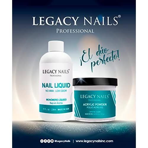 LEGACY NAILS - Crystal Clear Acrylic Powder 8oz AND Nail Sculpting Liquid Monomer 8oz - Medium Setting Time - MMA-free - Superior Adhesion - Natural Finish