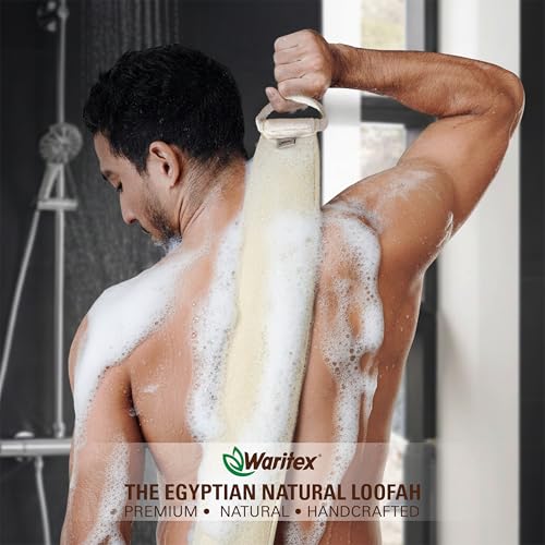 Waritex Natural Egyptian Loofah Back Scrubber for Shower, Extra-Long Exfoliating Strap Made with Natural Egyptian Loofah Fibers, Deep Cleaning Body Sponge for Men and Women ? Soft Cotton Handles