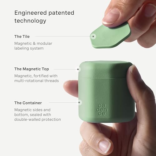 Cadence Travel Containers - 2 Piece Haircare Set - Magnetic Travel Capsules - For Shampoo, Conditioner, Hair Styling Product - 1 Small & 1 Medium Capsule - Shampoo & Conditioner Labels - Evergreen