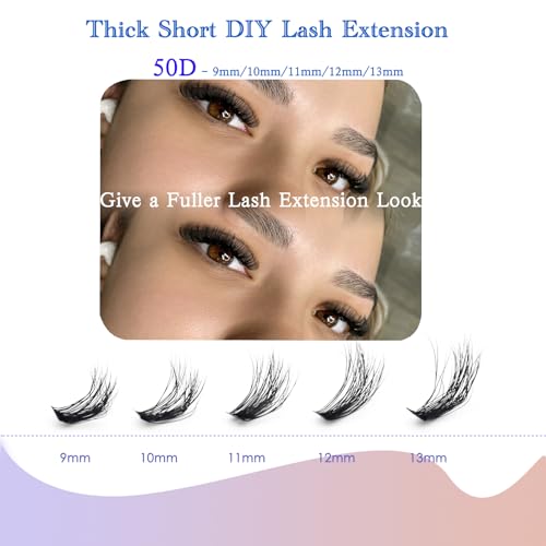DAODER Short Lash Extension Kit 50D Natural Lash Clusters Wispy Fluff Eyelash Extensions D Curl Individual Lashes 9-13MM Thick Eyelashes Clusters Bond and Seal(Thick Short Eyelash Extension Kit 50P)