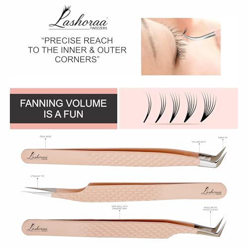 LASHORAA Professional 5pc Lash Extension Tweezers Pack - Fiber Tip Diamond Grip Japanese Steel, Precision Angled Tips - Perfect for Volume & Mega Volume Lashes with Leather Pouch (Peach)