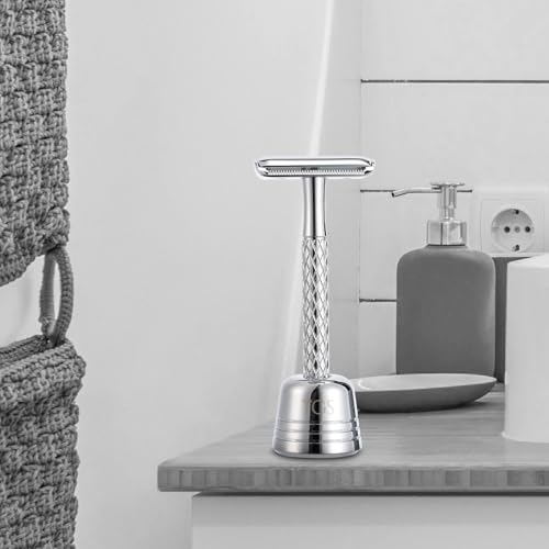 Double Edge Safety Razor for Men with Stand and Silicone Cover - Durable Metal Eco-Friendly Single Blade Safety Razor with 10 Blades- Closed Smooth Shave (Silver)