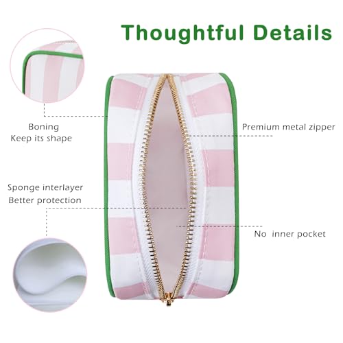 Small Stripe Makeup Bag for Purse, Mini Cosmetics Bag with Zipper, Cute Cosmetic Pouch for Women Girls, Key Pocket Lipstick Pouch Card Holder Data Cable Organizer(01 Rose Pink Stripes)