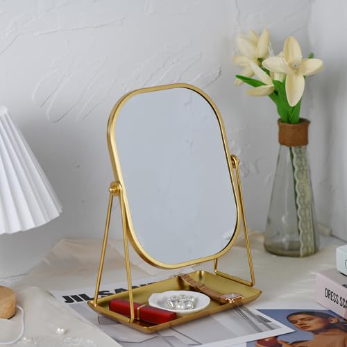 360 Degrees Rotating Metal Makeup Mirror with Storage, Vanity Mirror for Desk, Bathroom, Bedroom, Dressing Table (Gold)