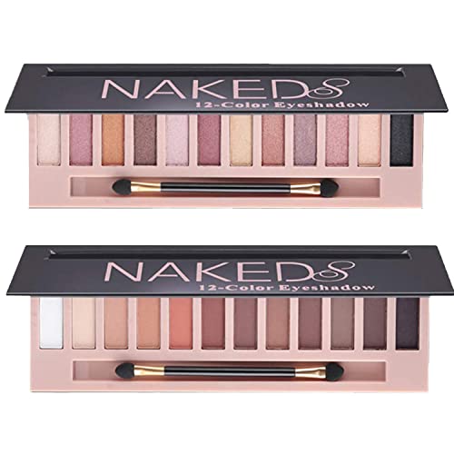 2Pcs 12 Colors Makeup Nude Colors Eyeshadow Palette Set Natural Naked Matte Shimmer Smokey Glitter Pigment Eye Shadow Pallete Waterproof Professional Beauty Eye Makeup, Birthday Gifts for Women