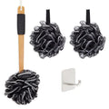 Okuna Outpost Loofah Bath Set - Long-Handle Loofah Back Scrubber - Fast-Drying Shower Poufs & Sponges - Adhesive Hook for Body Scrubber & Bathroom Essentials - Tan - Pack of 4