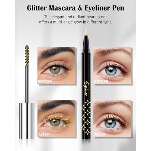 Silver Glitter Mascara + Eyeliner Pen Set, Shimmer Volume Colorful Mascara, Sparkling Liquid Eyeliner, Waterproof, High-Pigmented, All-Day Wear Shine Eye Makeup for Dazzling Looks