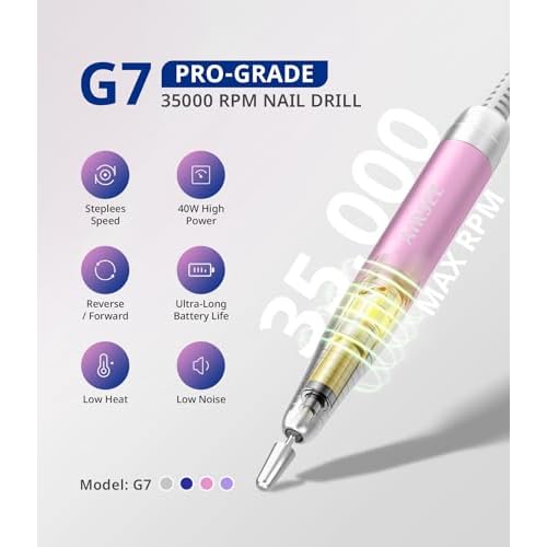 AIRSEE Updated Professional Nail Drill,Rechargeable Cordless Efile Machine for Acrylic Extension Gel Dip Powder Powerful Portable Efile 56 Sanding Bands 7 Bits,Low Noise Low Heat,G7 Pink