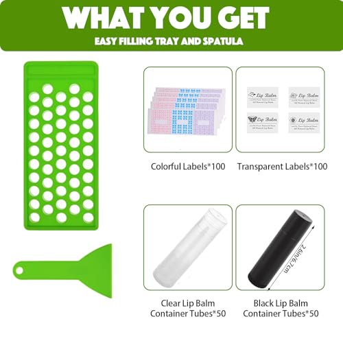 Lip Balm Tubes with Filling Tray and Spatula, 100 Empty Lip Balms Containers with Caps (Clear+Black), 100 Writeable and 100 Printed Stickers, BPA Free, Make Natural Lip Balm Kit for DIY