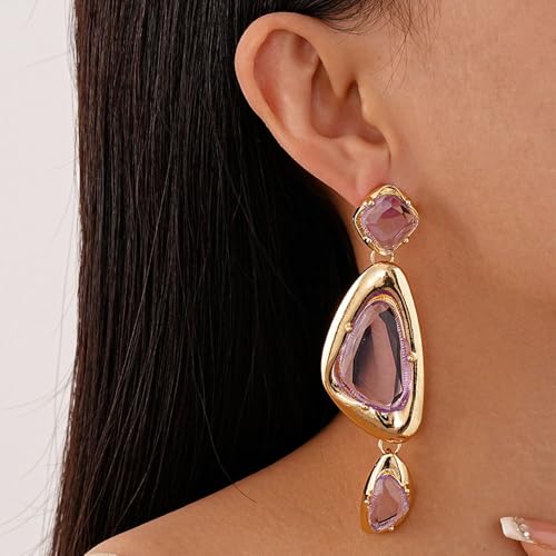 Missgrace Women Rhinestone Earrings Dangling Sparkly Purple Dangle Earrings Chandelier Earrings Tassel Large Studs Crystal Statement Earrings for Women
