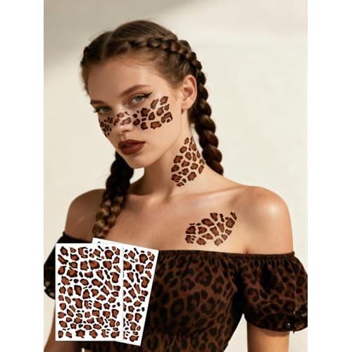 2Pcs Leopard Print Temporary Tattoos Waterproof Leopard Stickers 8 Colorful Cheetah Tattoos for Face Body Makeup Halloween Birthday Music Festival Party (Color5)