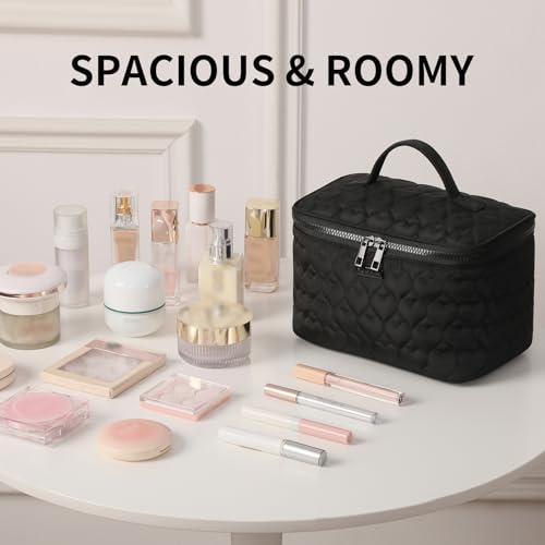 RIGHT AWAY Makeup Bag,Large Cosmetic Bags for Women Girls, Quilted Train Case Make Up Bag with Handle,Travel Makeup Case Organizer,Cute Toiletry Bag Vanity Bag (Black)