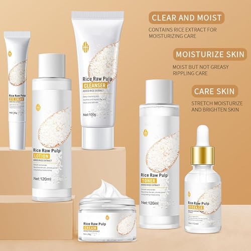 6PCS Rice Skin Care Sets, Moisturizing Face Skin Care Gift Set for Women Girls, Face Care Kit Inclusde Cleanser, Toner, Eyecream, Essence, Emultion, Face Cream (NEW-Rice)
