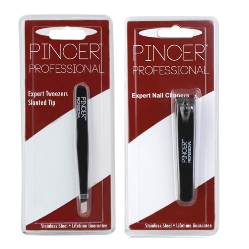 Pincer Professional Stainless Steel Grooming Set, Expert Tweezers with Slanted Tip and Nail Clippers