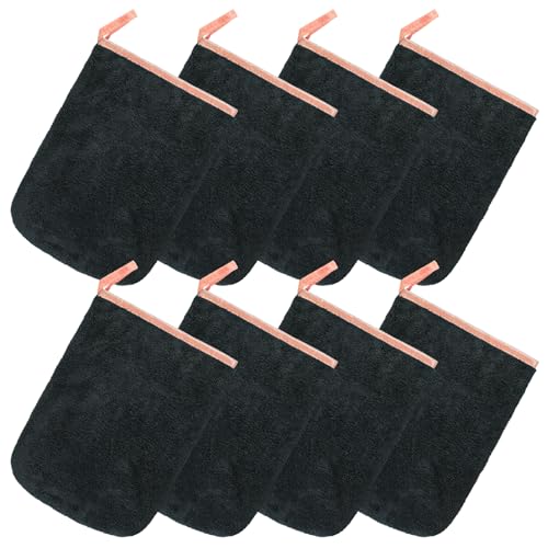 PHOGARY 8 Pack Microfiber Wash Mitts for Face Body, Super Soft Absorbent Coral Fleece Facial Cloths Bath Shower Mitt, Reusable Makeup Remover Washcloths, Black, 6x9in
