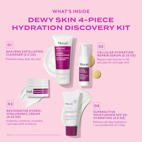 Murad Hydrate Trial Kit ? Dewy Skin Set with AHA/BHA Cleanser 2.0oz, Hydration Serum 0.33oz, Hydro-Hyaluronic Cream 0.25oz, Superactive SPF 50 Moisturizer 0.8oz | Travel Skincare for Radiant Skin