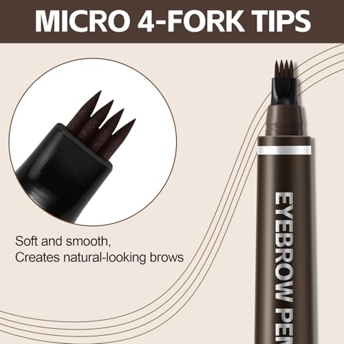 Microblading Eyebrow Pen,Waterproof Eyebrow Pencil With Micro 4-Fork Tip,Long Lasting Eye Brow Pen & Clear Brow Gel Set,Eye Makeup Pencil for Women,Dark Brown