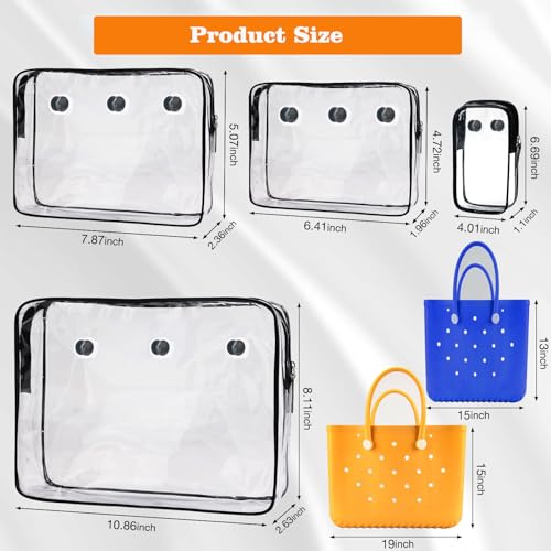 4 Packs Clear Bogg Beach Tote Bag with 1set Insert Hooks Accessories for Bogg Bags Travel Makeup Clean Toiletry Brush Organizer Cosmetic Divider Storage Inner Pouch (Black)