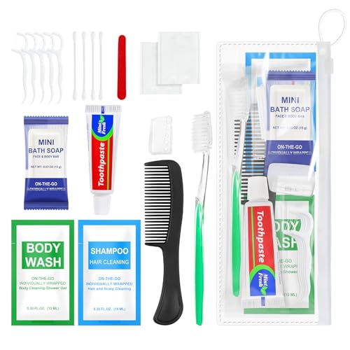 10 Sets Personal Hygiene Kit Bulk,10-IN-1 Green Individually Wrapped Disposable Travel Toothbrushes and Hotel Vanity Set Basic Toiletry Supplies for Homeless,Guests,Charity