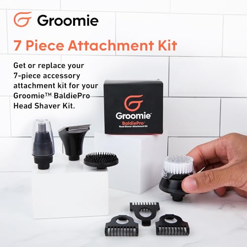 Groomie 7-Piece Men's Hair Clippers & Grooming Kit - Includes Precision Clipper, 3-5-7mm Clipper Guards, Ear & Nose Trimmers, Exfoliation Brush, and Pre-Shave Massager - Perfect for Beginners