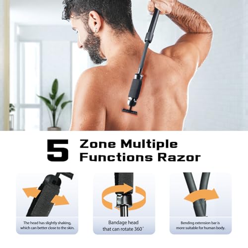 Safety Razor Extension Handle with Adjustable Length for Leg Razor,Back Shaver for Men,Multi-Function Extension Shaver Handle can be Fitted Lotion Applicator,Hair Brush for Wet or Dry - Black