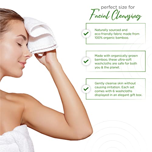 Luxury Facial Washcloths, Made from 100 Percent Rayon Bamboo, Makeup Remover, Reusable Absorbent, Gentle for Delicate Sensitive Skin, Set of 6, 10"X10" (White)