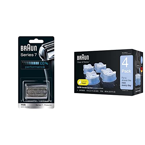 Braun Series 7 70S Electric Shaver Head Replacement Cassette ? Silver & Clean & Renew Refill Cartridges CCR - 4 Pack