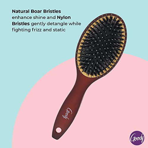 Goody Ceramic Hair Brush, Oval Cushion - Natural Boar and Nylon Bristle Mix to Enhance Shine & Smooth Hair, Fights Frizz and Static - Premium Wood Design is Pain-Free for All Hair Types