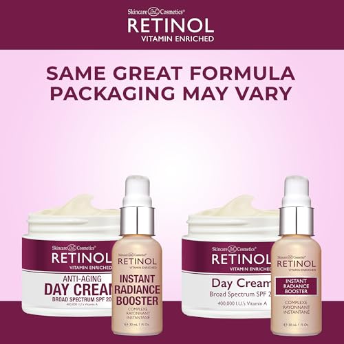 Retinol Instant Radiance Booster - Provides A Burst of Anti-Aging Hydration and Luminosity + Retinol Anti-Aging Day Cream Broad Spectrum SPF 20 Moisturizes & Reduces Look of Fine Lines.