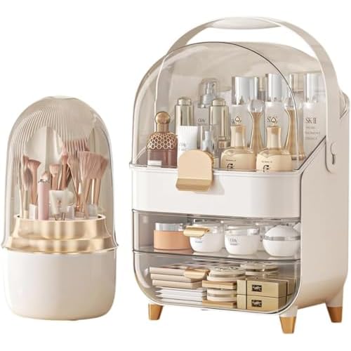 Makeup Organizer Countertop, Makeup Brush Holder with Lid & Drawers, Bathroom Vanity Organizer and Storage, Make Up Organizer for Vanity, Skincare Organizer Gifts for Girls, Wife, Mom