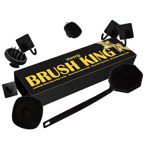 Silicone Body Scrubber Set £¬Includes Back & Body Scrubbers, Face Brush, Scalp Massager, 4 Storage Hooks, Shower & Bathroom Hygiene Accessories for Gift(Black) (D)