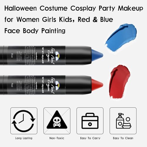 Face Paint Kit for Halloween Harley Quinn Cosplay Party Makeup for Women Girls, Red & Blue Face Body Painting Cream Blendable Sticks Red Liquid Eyeliner Stamp Pen Accessories Set
