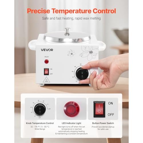 VEVOR Single Wax Warmer, 600ML Professional Wax Warmer for Hair Removal, 32 ¢µ to 176¢µ Adjustable Electric Waxing Heater Pot with 100PCS Waxing Sticks for Home Use, Beauty Salon, Spa