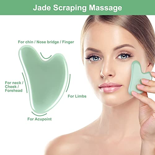 URAQT Gua Sha Massage Tool, 2 Pcs Natural Jade Gua Sha Board, Quartz Jade Stone Gua Sha Facial Tool, Face Scraping Massager, Anti Aging Massage Beauty Tool for Face, Eye, Neck