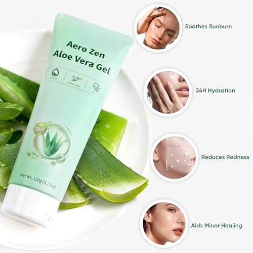 Aero Zen 98% Organic Aloe Vera Gel, Natural Moisturizing Pure Aloe for Face and Arms, Soothing & Hydrating Aloe Gel for Sunburn Relief and Deep Skin Nourishment, 4.23 oz