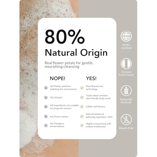 Kustie Chamomile Petal Body Wash with 972 Real Petals Floating in Clear Gel ? Calendula & Amino Acids ? Vegan, Sulfate-Free, Soothes & Moisturizes Sensitive Skin ? 24H Floral Scent, 24.3 fl oz