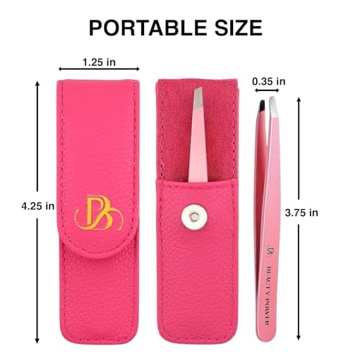 Professional Tweezers in Case - Slant, Durable Lightweight German Stainless Steel, Ultra Precision Tweezers for Eyebrows, Facial Hair, Chin, and Ingrown Hair Removal - Gift Idea - Pink